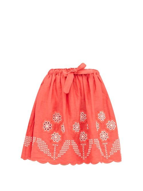 Matchesfashion.com Innika Choo - Terre Belle Broderie Anglaise Linen Mini Skirt - Womens - Red