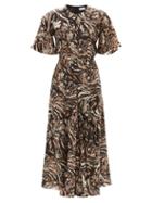 Raey - Godet-pleat Short-sleeve Silk Dress - Womens - Leopard