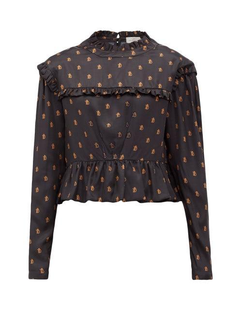 Matchesfashion.com Preen By Thornton Bregazzi - Heather Ptb Logo-print Ruffled Satin Blouse - Womens - Black Print
