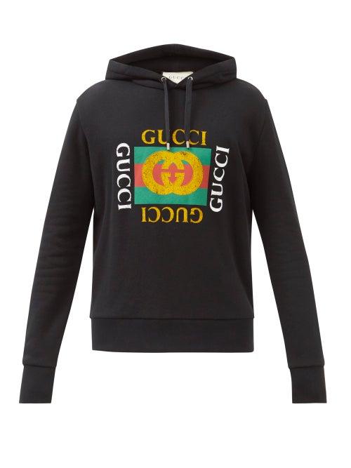 Mens Rtw Gucci - Fake Logo-print Cotton-jersey Hooded Sweatshirt - Mens - Black
