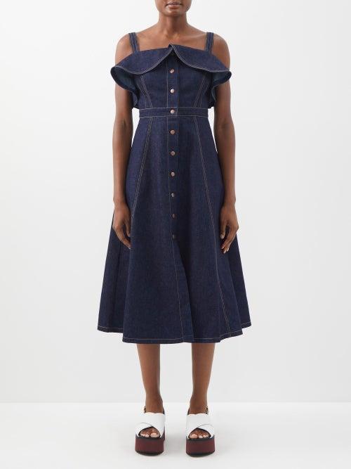 Vika 2.0 - Ruffled Organic Cotton-blend Denim Midi Dress - Womens - Dark Denim