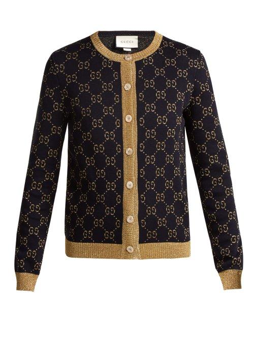 Matchesfashion.com Gucci - Gg Jacquard Knit Cotton Blend Cardigan - Womens - Blue