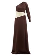Matchesfashion.com Rebecca De Ravenel - Helga One Shoulder Hammered Silk Gown - Womens - Brown White