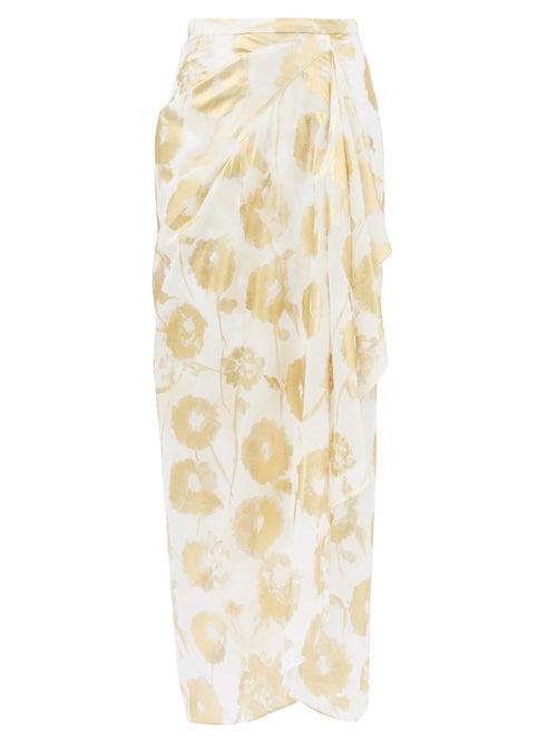 Matchesfashion.com Halpern - Metallic Floral-print Cotton-voile Skirt - Womens - White Gold