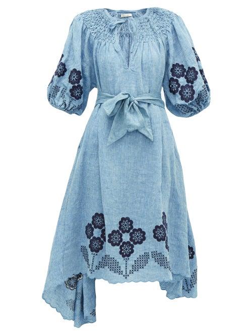 Matchesfashion.com Innika Choo - Hugh Jesmock Linen Chambray Midi Dress - Womens - Denim