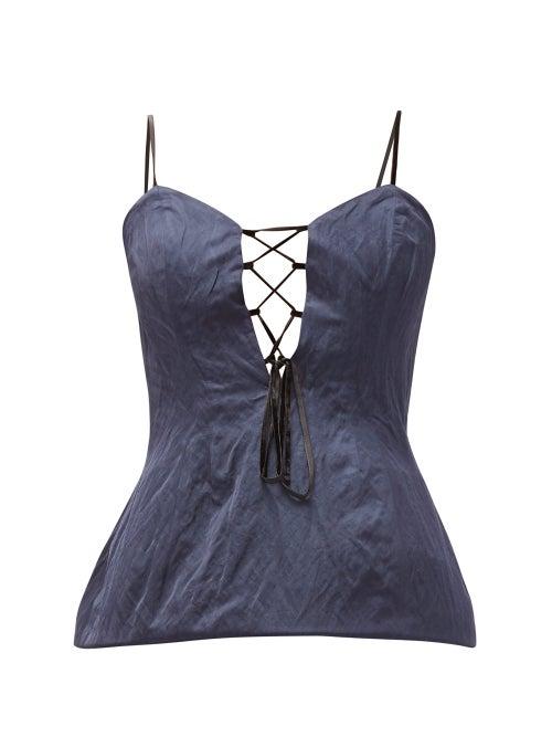 Matchesfashion.com Brock Collection - Peplum-hem Lace-up Twill Top - Womens - Navy