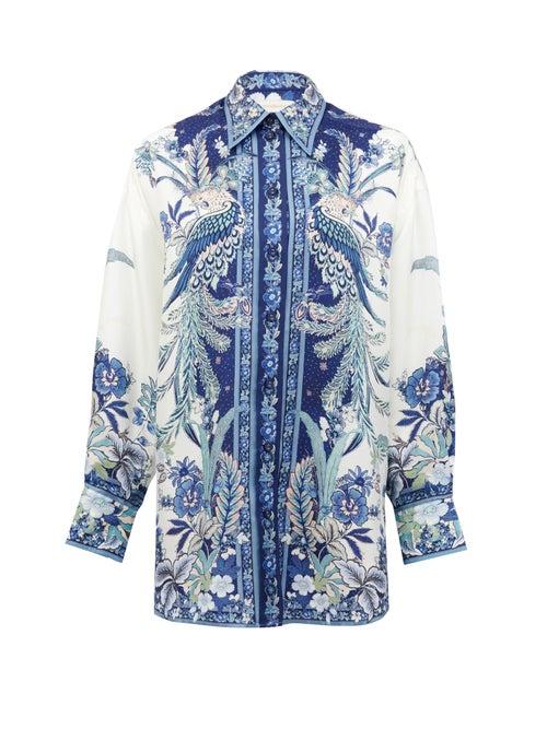 Matchesfashion.com Zimmermann - Glassy Placement Bird And Floral-print Silk Shirt - Womens - Blue Print