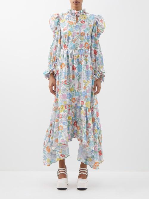 Horror Vacui - Mafalda High-neck Floral-print Cotton Dress - Womens - White Multi