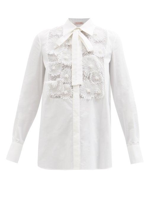 Valentino - Floral Silk-organza And Cotton-poplin Shirt - Womens - White