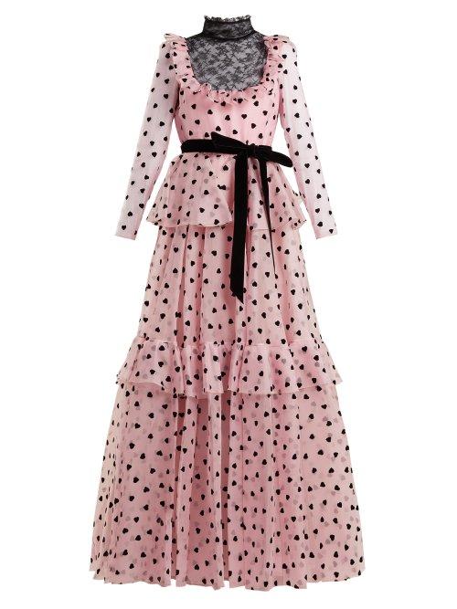 Matchesfashion.com Valentino - Ruffle And Lace Trimmed Silk Organza Gown - Womens - Pink Print