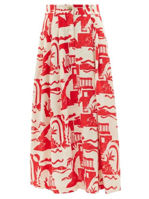 Ladies Beachwear Mara Hoffman - Tulay Abstract-print Pleated Hemp Midi Skirt - Womens - Red Multi