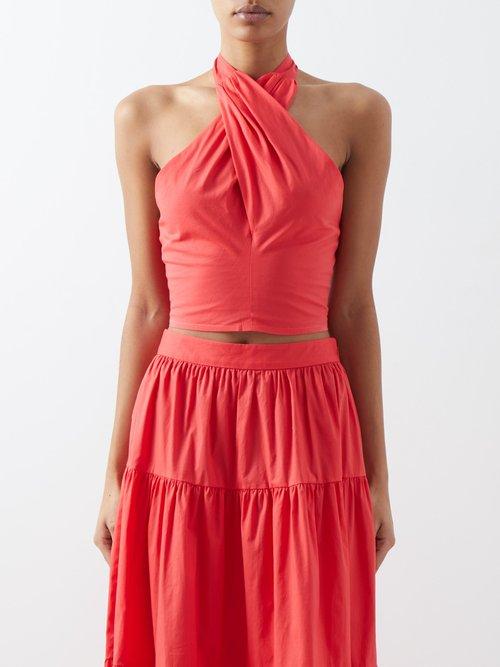 Staud - Kai Halterneck Cotton-blend Cropped Top - Womens - Bright Red