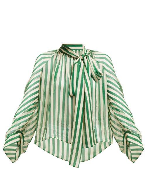 Matchesfashion.com Petar Petrov - Bride Striped Pussybow Silk Blouse - Womens - Green White