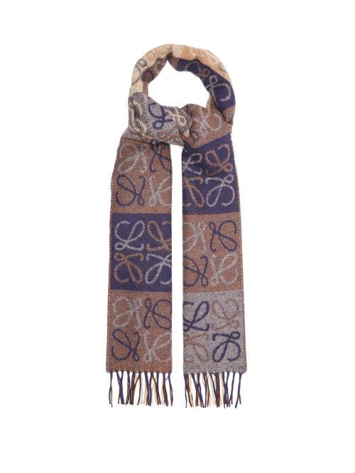 Mens Accessories Loewe - Anagram-jacquard Wool-blend Scarf - Mens - Brown Multi