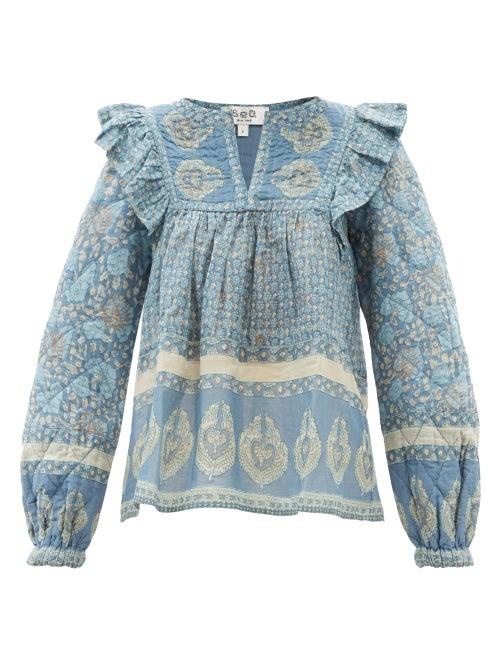 Sea - Margo Ruffled Floral-print Cotton-voile Blouse - Womens - Blue Multi