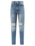 Ladies Rtw Dolce & Gabbana - Logo-plaque Distressed-denim Slim-leg Jeans - Womens - Denim
