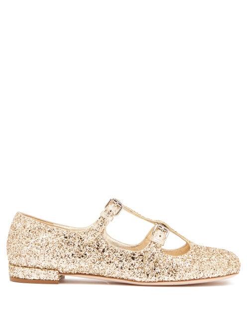 Matchesfashion.com Miu Miu - Glittered Mary Jane Leather Flats - Womens - Gold