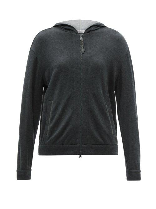 Ladies Rtw Brunello Cucinelli - Zip-through Cotton-blend Hooded Sweatshirt - Womens - Dark Grey