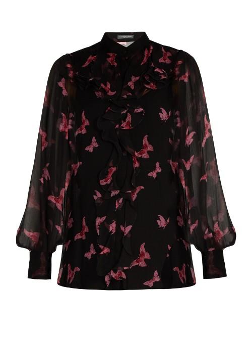 Alexander Mcqueen Moth-print Crepon Silk Blouse