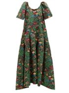 La Doublej - Boom Puff-sleeve Floral-print Faille Dress - Womens - Green Multi