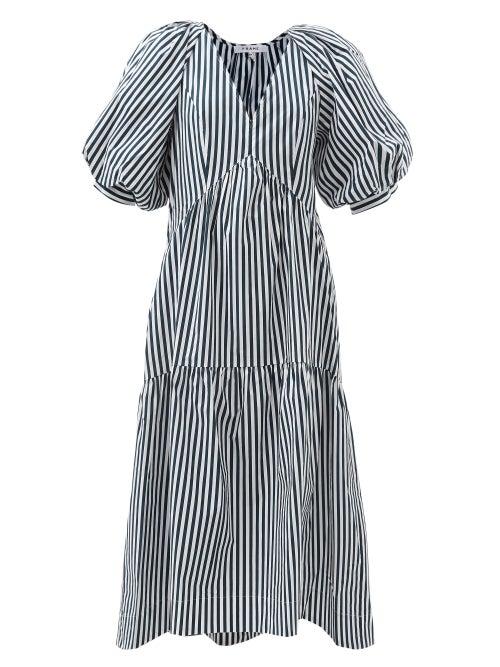 Frame - Puff-sleeved Striped Organic-cotton Maxi Dress - Womens - Blue Stripe