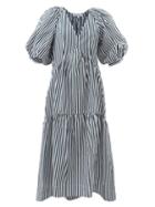 Frame - Puff-sleeved Striped Organic-cotton Maxi Dress - Womens - Blue Stripe