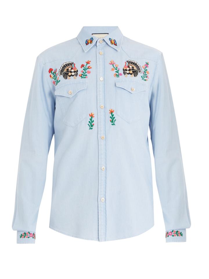 Gucci Point-collar Floral-embroidered Denim Shirt