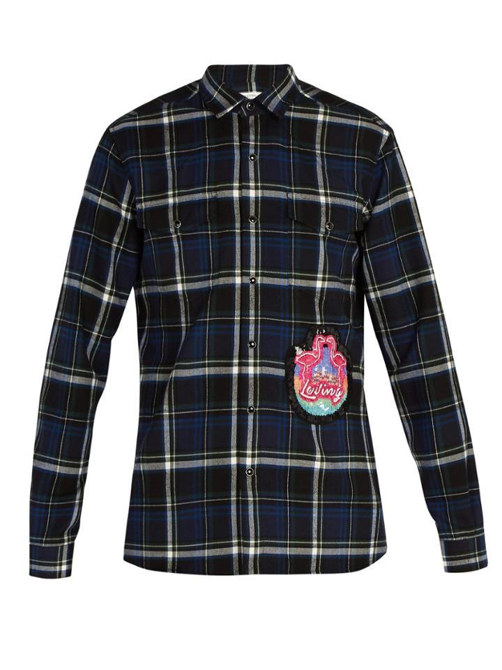 Valentino Sequinned Flamingo-patch Plaid Shirt