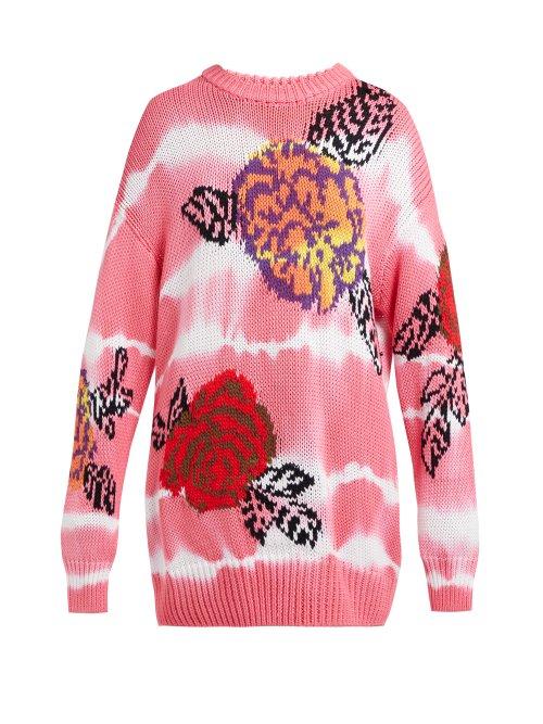 Matchesfashion.com Msgm - Floral Intarsia Tie Dye Cotton Sweater - Womens - Pink