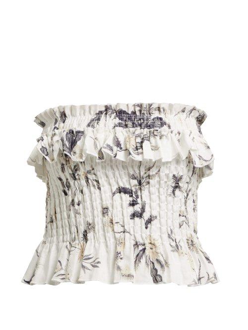 Matchesfashion.com Sir - Marele Smocked Floral Print Linen Top - Womens - White Multi