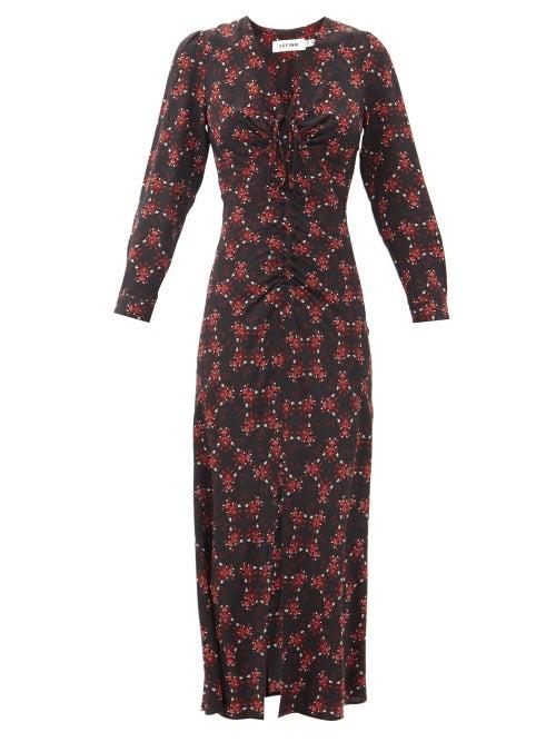 Matchesfashion.com Cefinn - Ophelia Floral-print Silk-twill Midi Dress - Womens - Black Red