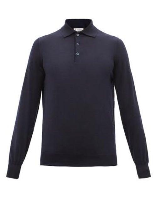Brunello Cucinelli - Virgin Wool-blend Long-sleeved Polo Shirt - Mens - Navy