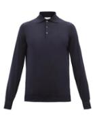 Brunello Cucinelli - Virgin Wool-blend Long-sleeved Polo Shirt - Mens - Navy
