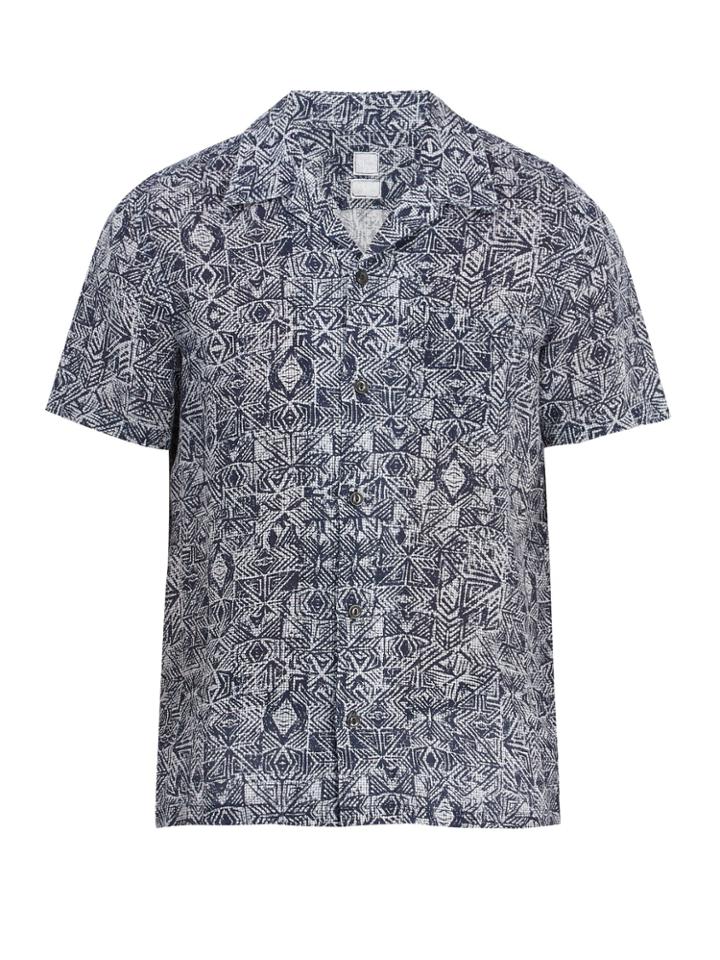 120 Lino Short-sleeved Aztec-pattern Linen Shirt