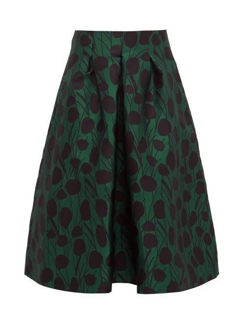 Matchesfashion.com La Doublej - Macaron Floral Jacquard Satin Pleated Skirt - Womens - Green Print