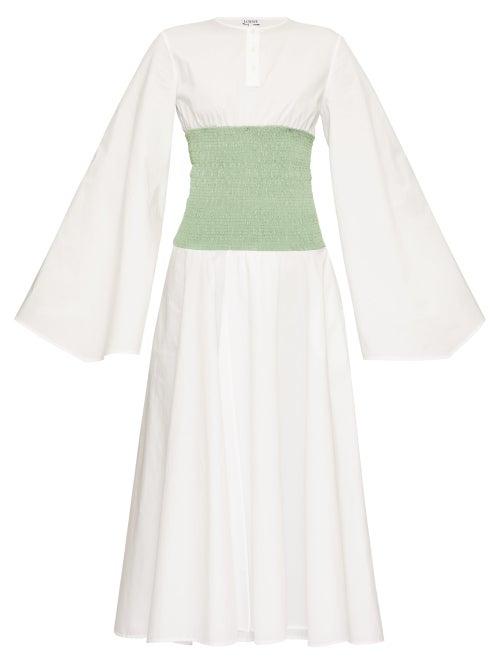 Matchesfashion.com Loewe - Smocked-waist Wide-sleeve Poplin Dress - Womens - White Multi
