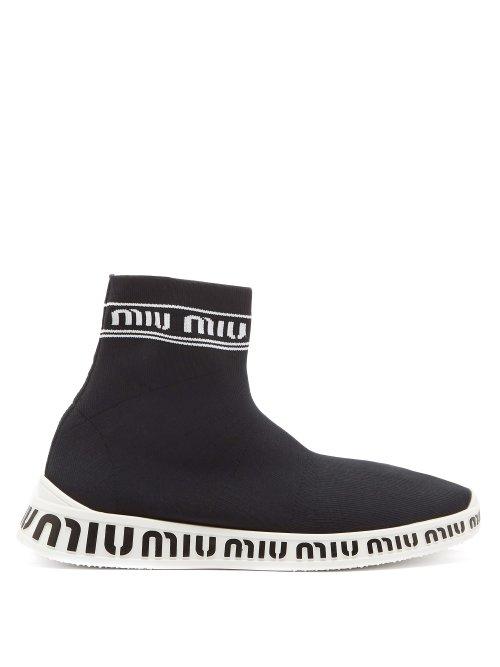 Matchesfashion.com Miu Miu - Logo Knit High Top Trainers - Womens - Black