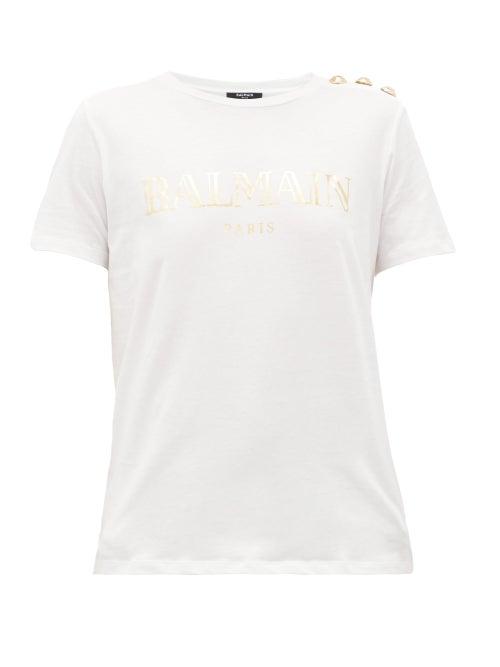 Matchesfashion.com Balmain - Buttoned-shoulder Logo-print Cotton T-shirt - Womens - White Gold