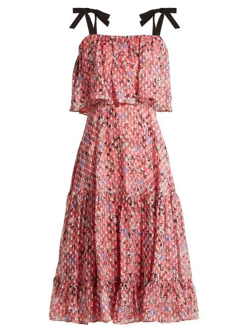 Matchesfashion.com Saloni - Jessie Floral Print Fil Coup Silk Blend Dress - Womens - Red Multi