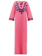 Matchesfashion.com Muzungu Sisters - Lotus-embroidered Linen Kaftan - Womens - Pink Multi
