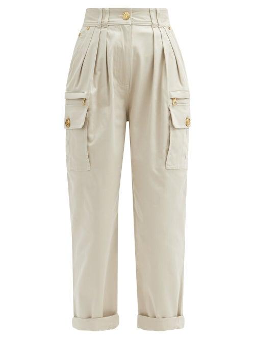 Matchesfashion.com Balmain - Pleated High-rise Cotton-blend Cargo Trousers - Womens - Beige