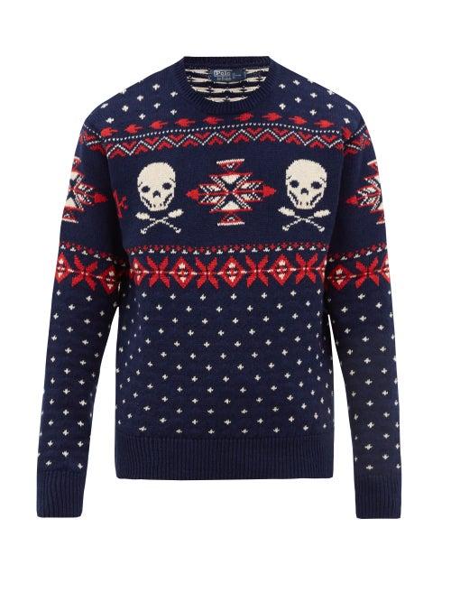 Matchesfashion.com Polo Ralph Lauren - Skull-jacquard Cotton-blend Sweater - Mens - Blue Multi