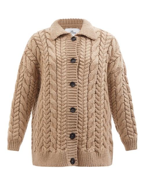 Mr Mittens - Spread-collar Cable-knit Wool Cardigan - Womens - Dark Beige