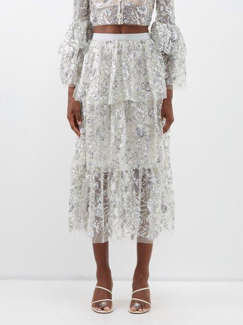 Self-portrait - High-waist Sequinned Tiered Tulle Skirt - Womens - Silver Multi