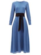 Matchesfashion.com Cefinn - Zoe Piped-sleeve Belted Voile Dress - Womens - Light Blue
