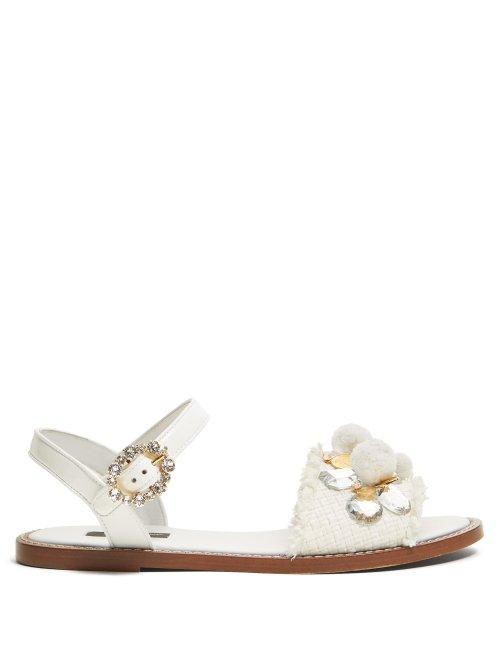 Matchesfashion.com Dolce & Gabbana - Crystal And Pompom Embellished Raffia Sandals - Womens - White
