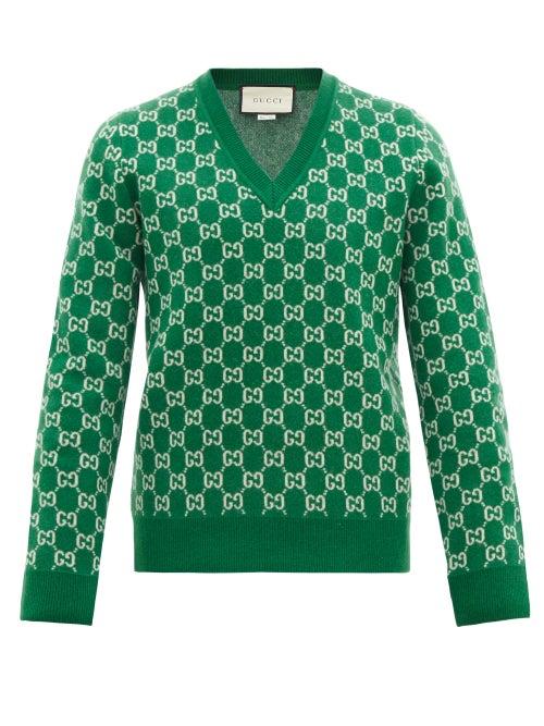 Matchesfashion.com Gucci - V-neck Gg-jacquard Wool-blend Sweater - Mens - Green