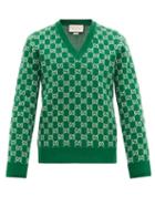 Matchesfashion.com Gucci - V-neck Gg-jacquard Wool-blend Sweater - Mens - Green