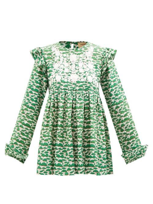 Muzungu Sisters - Nora Ruffled Mushroom-print Linen Blouse - Womens - Green Print