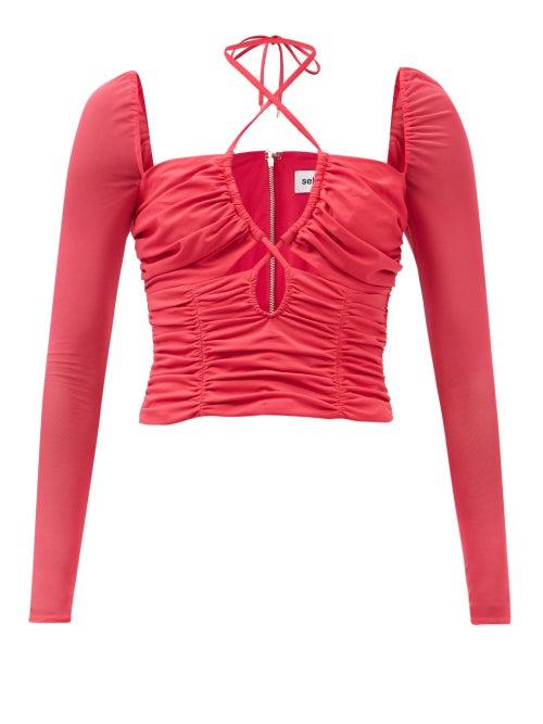 Self-portrait - Cutout Gathered-jersey Top - Womens - Pink